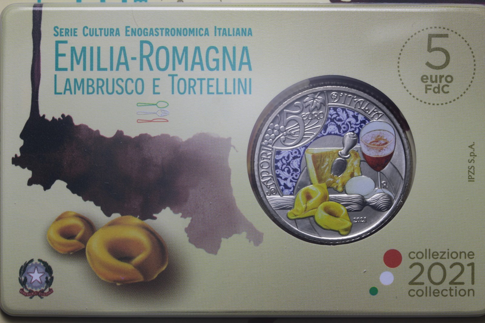 REPUBBLICA ITALIANA 5 EURO 2021 LAMBRUSCO E TORTELLINI FDC