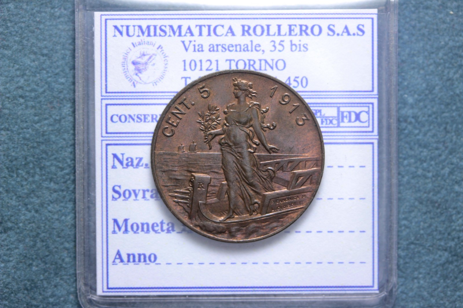 VITTORIO EMANUELE III 5 CENTESIMI 1913 FDC RAME PARZIALMENTE ROSSO