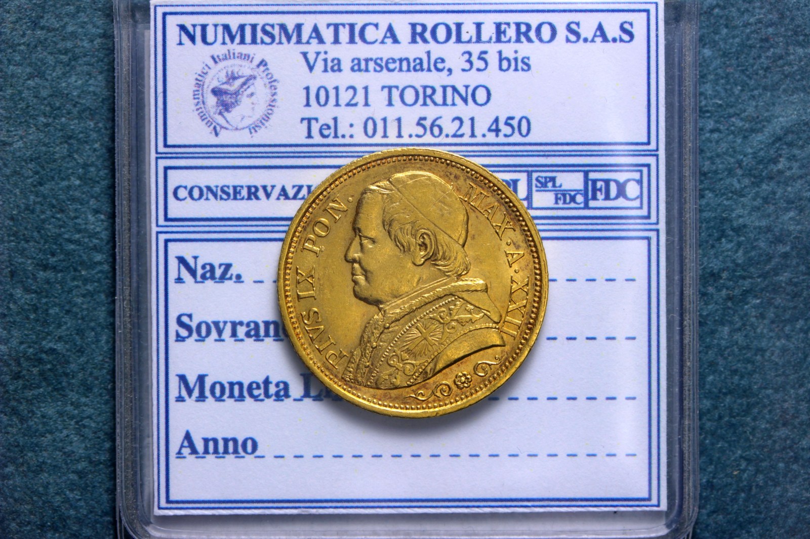 STATO PONTIFICIO PIO IX 20 LIRE 1868 XXII SPL/FDC