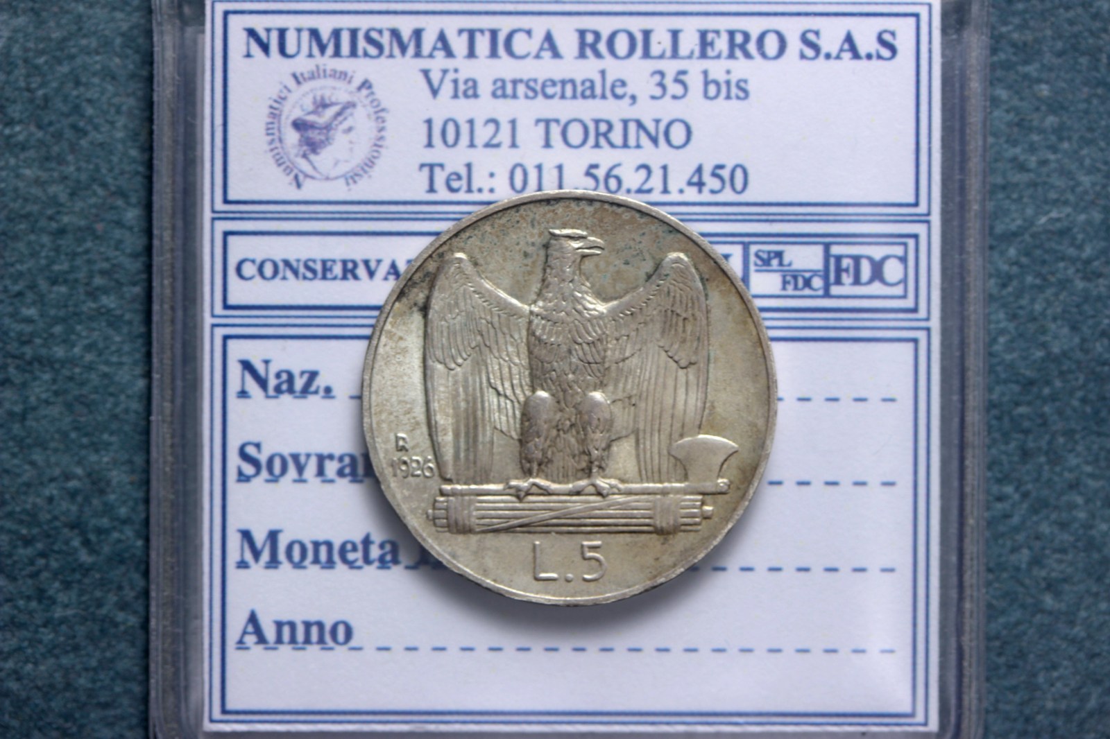 VITTORIO EMANUELE II 5 LIRE 1926 AQUILOTTO FDC 