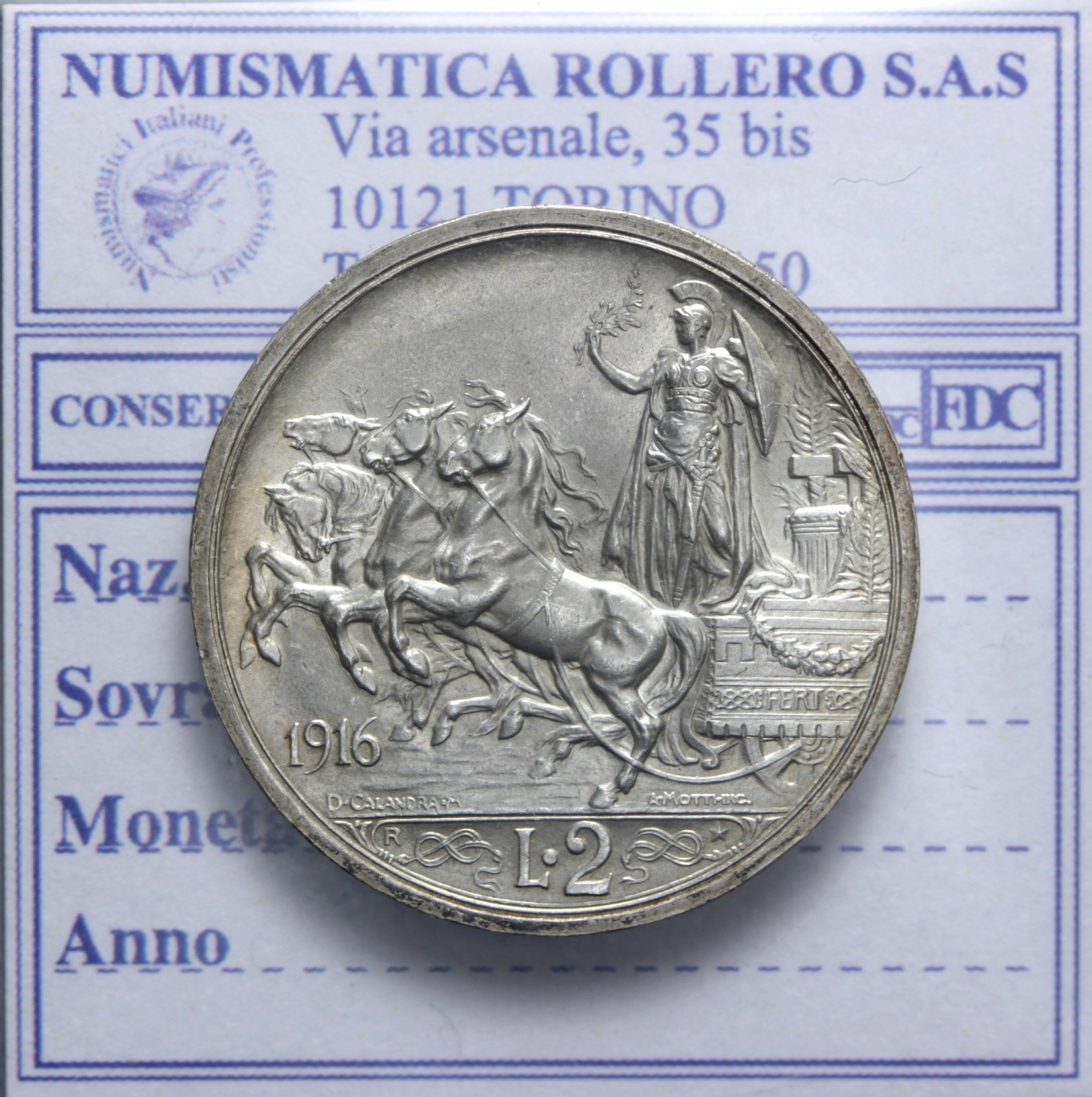 VITTORIO EMANUELE III 2 LIRE 1916 QUADRIGA BRIOSA FDC