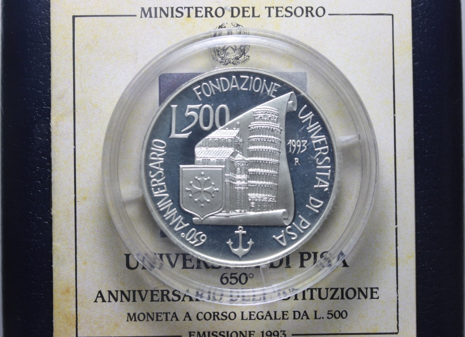 REPUBBLICA ITALIANA 500 LIRE 1993 PISA PROOF SCATOLA E CERTIFICATO