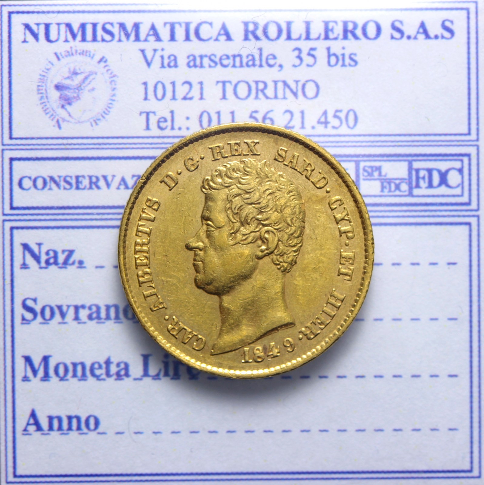 CARLO ALBERTO 20 LIRE 1849 TORINO SPL