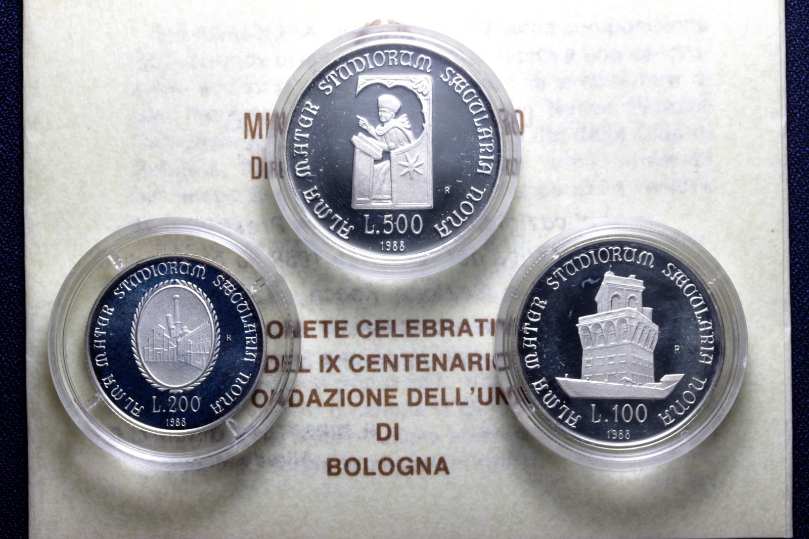 REPUBBLICA ITALIANA 100+200+500 LIRE 1988 UNIVERSITA' DI BOLOGNA PROOF