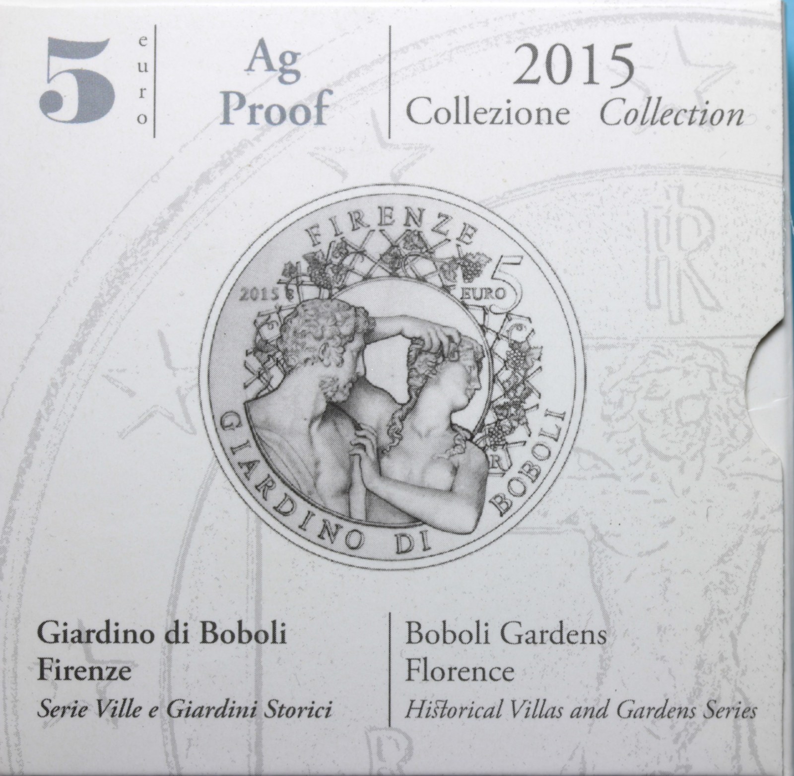 ITALIA 5 EURO COMMEMORATIVO 2015 PROOF GIARDINI DI BOBOLI FIRENZE SCATOLA E GARANZIA