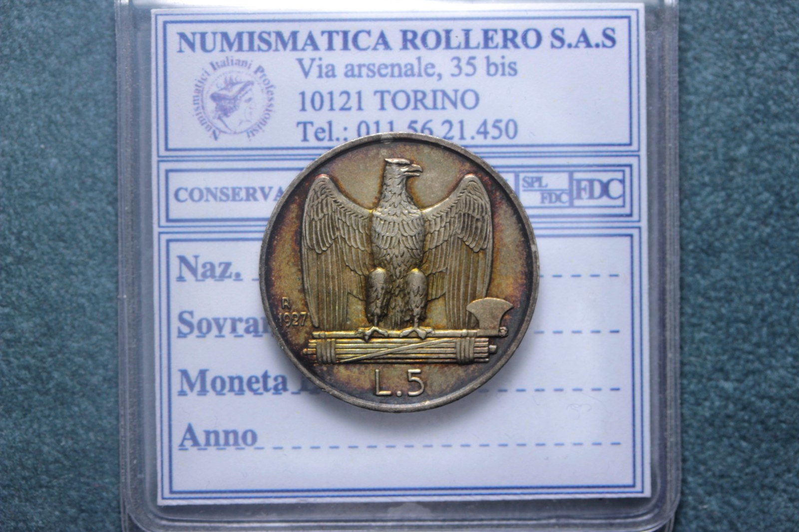 VITTORIO EMANUELE III 5 LIRE 1927 ROMA AQUILOTTO SPL/Q.FDC